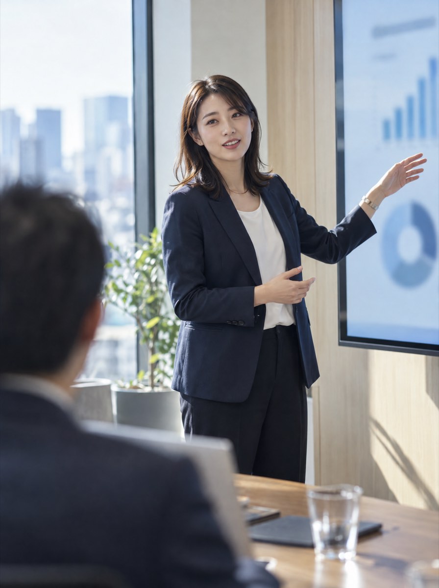 商談で画面を指しながら投資対効果を説明するセールスのイメージ（AI生成）