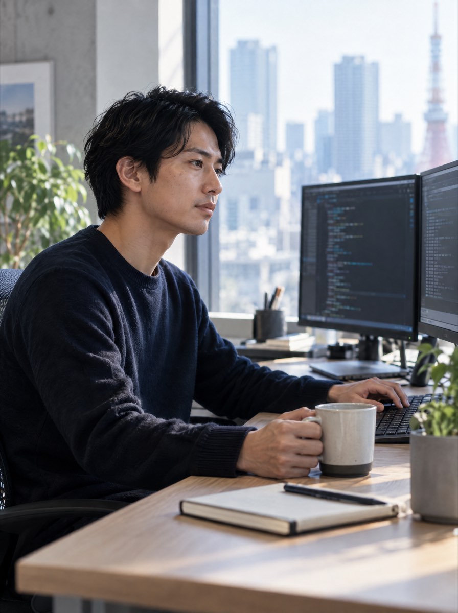 2つの画面でコードを書くシステム開発者のイメージ（AI生成）