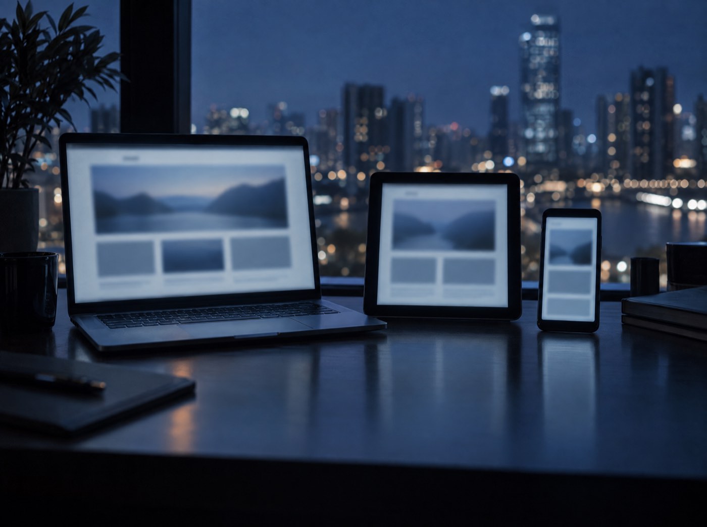 同じサイトの画面を映すノートPC・タブレット・スマートフォンのイメージ(AI生成)